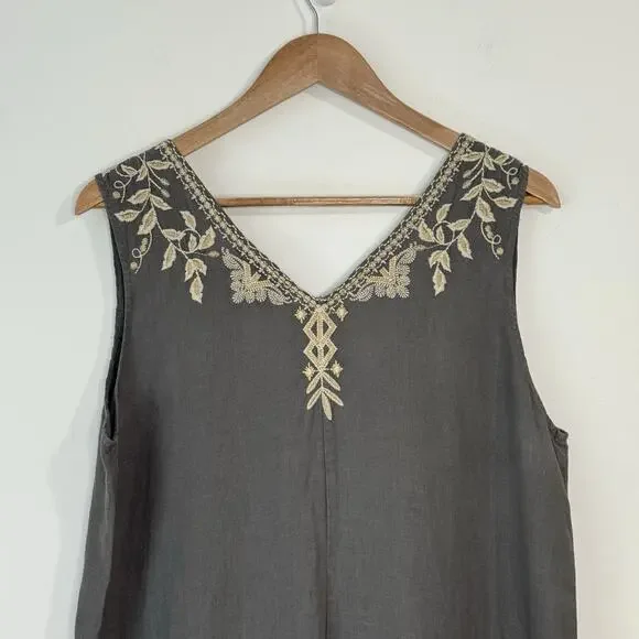 Johnny Was Kemi Embroidered Linen Midi Dress Size L Gray Lagenlook  Sleeveless
